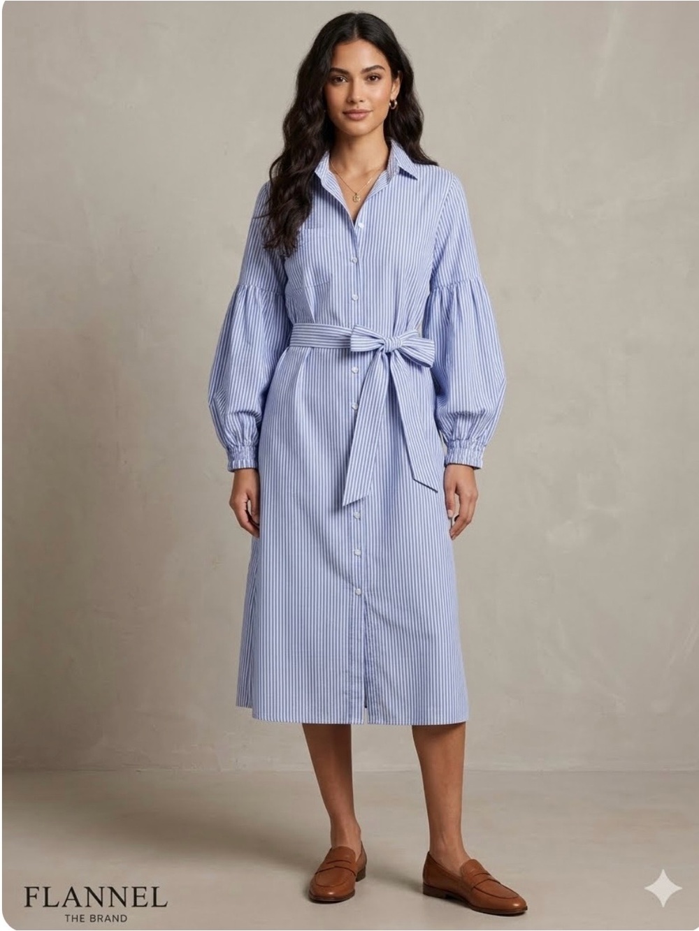 FLANNEL THE BRAND Midi Poplin Stripe Shirt Dress Boho Dress Size 1 Small